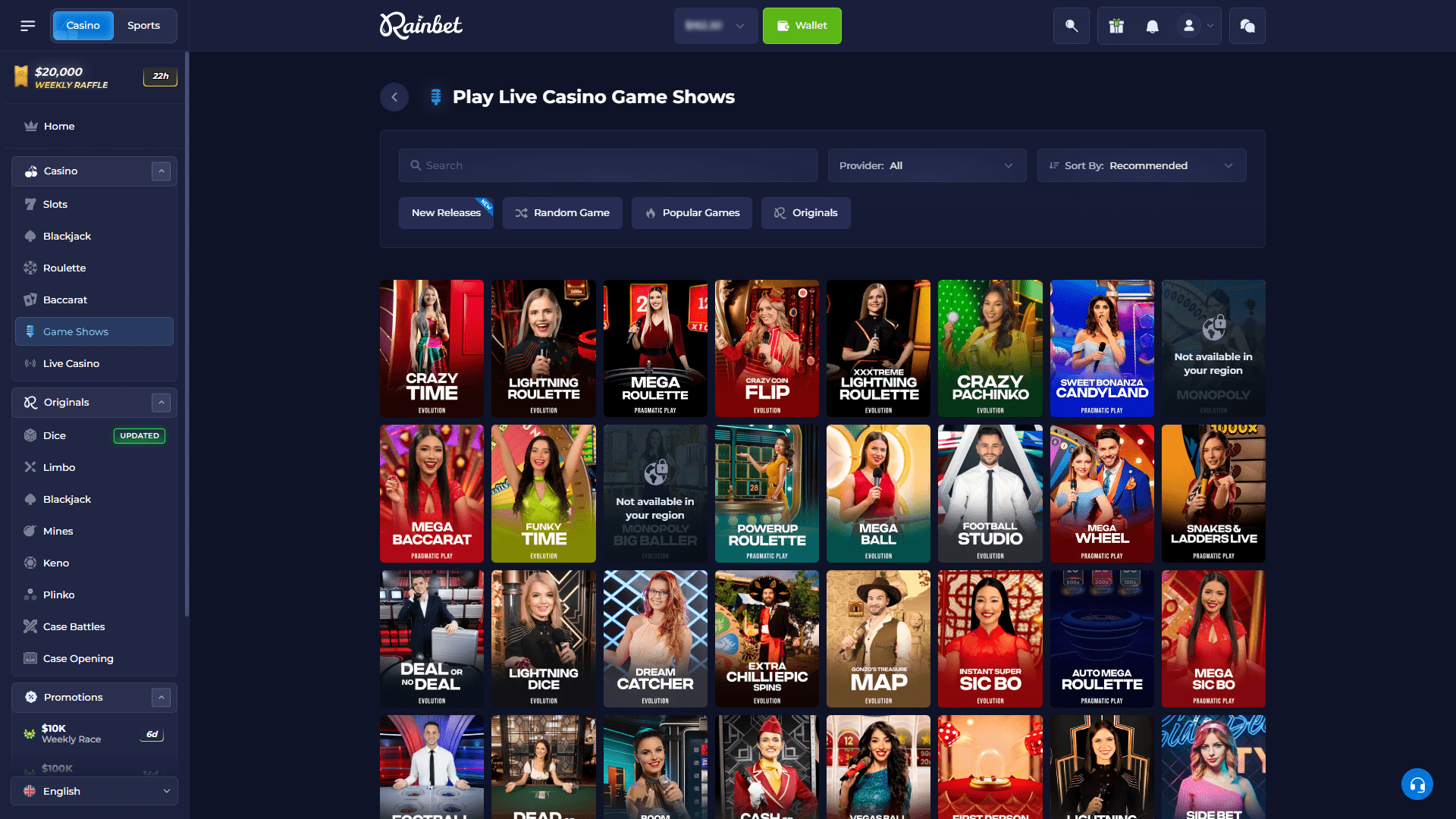 Rainbet Live Games List ScreenShot